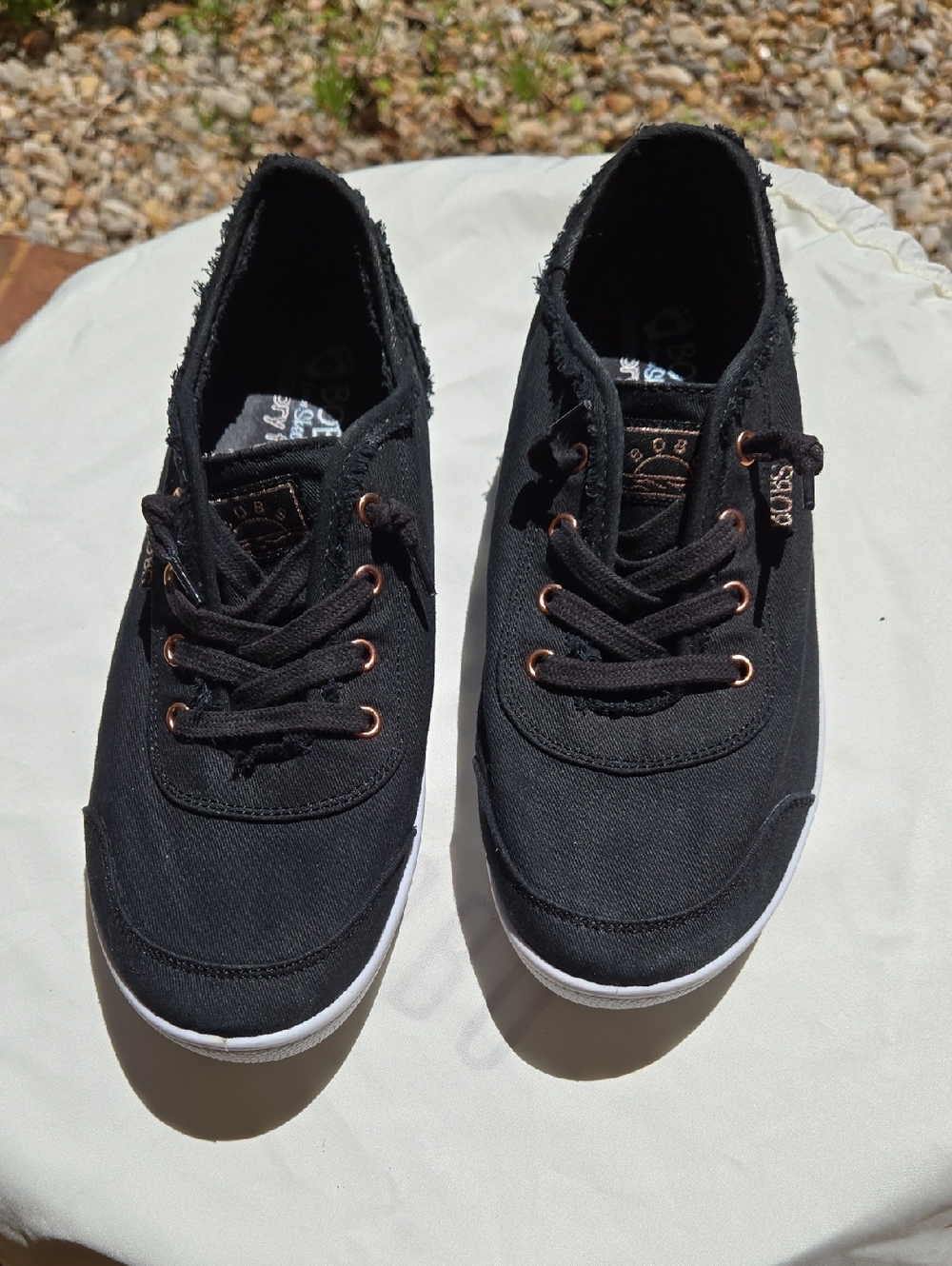 BOBS from Skechers Women's Black Canvas Lace-Up Sneakers with White Soles